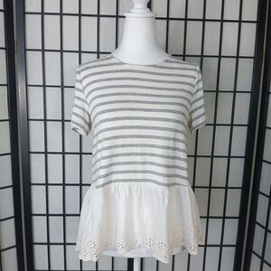 STRIPE GREY & WHITE Women's Pullover S/S Blouse with Peplum Bottom Size S/P